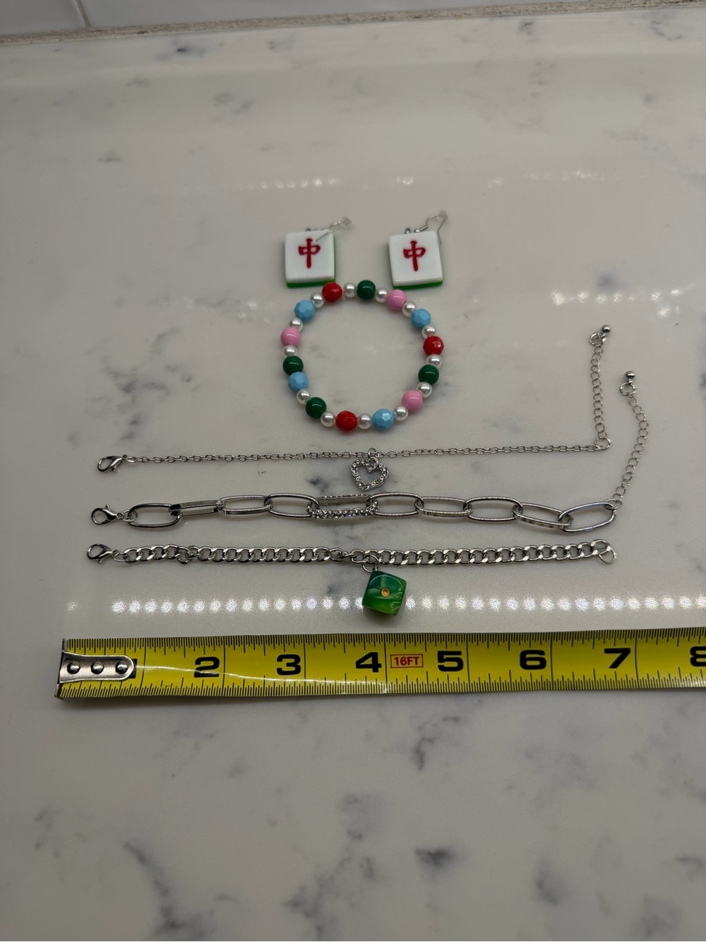 Mahjong Earrings and Multicolor Beaded Bracelets